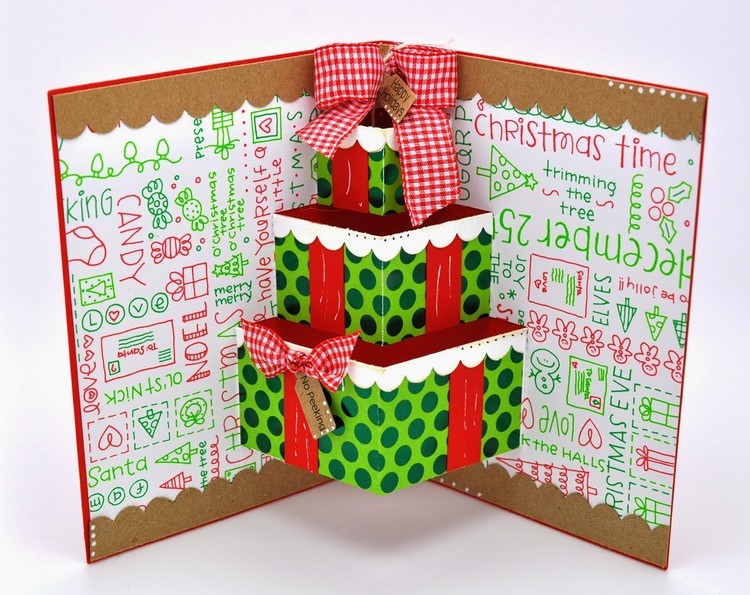 carte-pop-up-Noel-bo^tes-cadeaux-vert-rouge-noeud-dessins carte Pop-up Noël